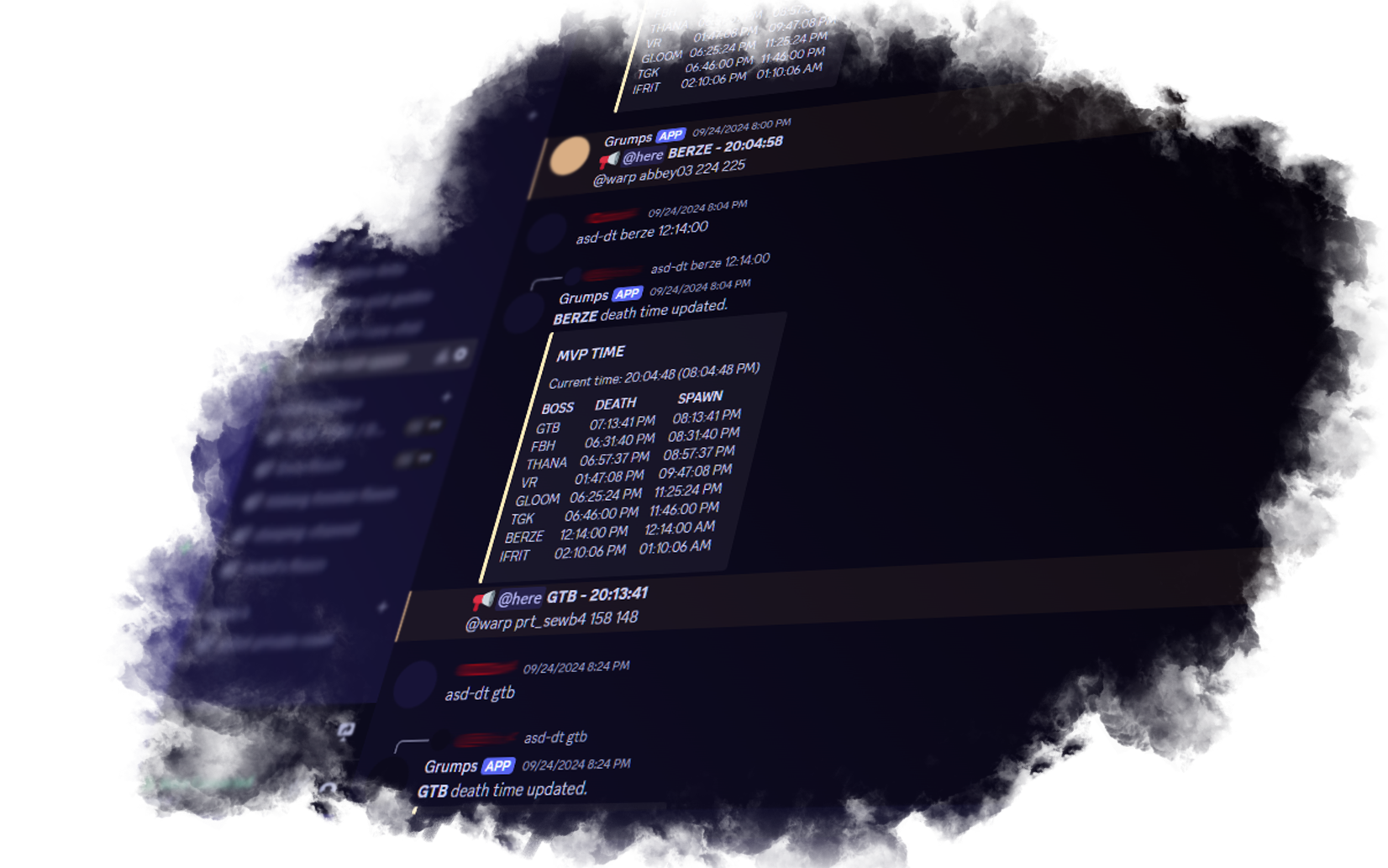 Grumps tracking monster death and spawn times in Discord